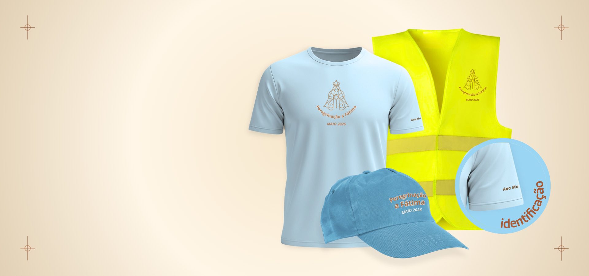 T-shirt, Colete Refletor e boné estampado com motivos de peregrinação a Fátima